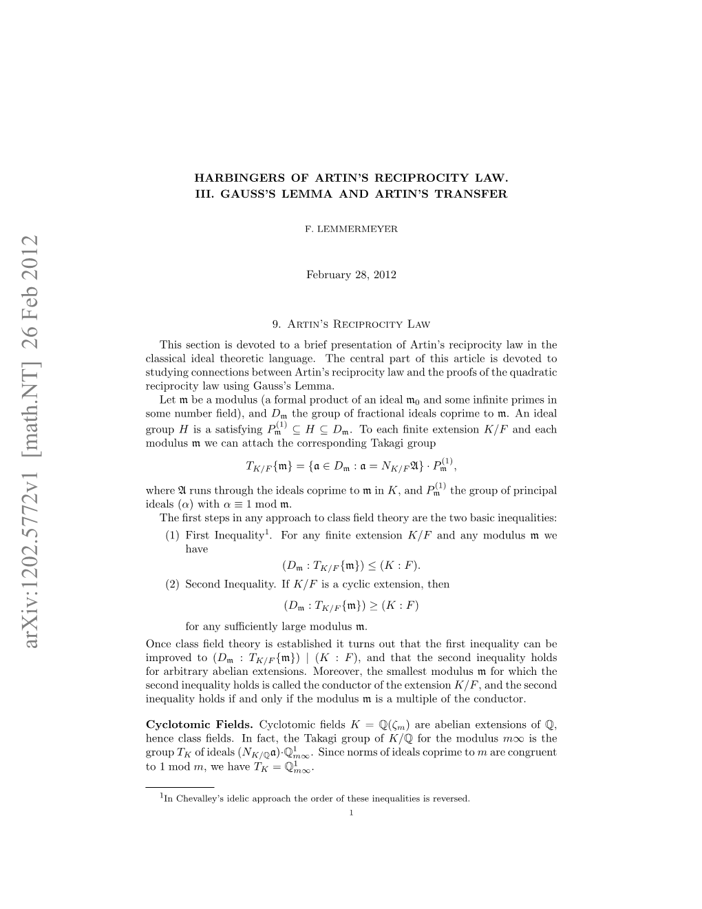 Harbingers of Artin's Reciprocity Law. III. Gauss's Lemma and Artin's Transfer