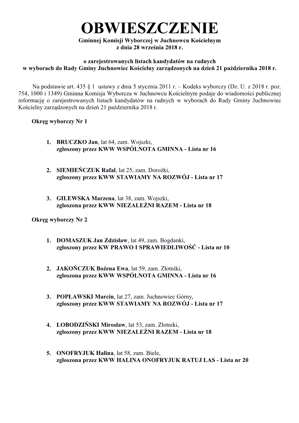 OBWIESZCZENIE Gminnej Komisji Wyborczej W Juchnowcu Kościelnym Z Dnia 28 Września 2018 R