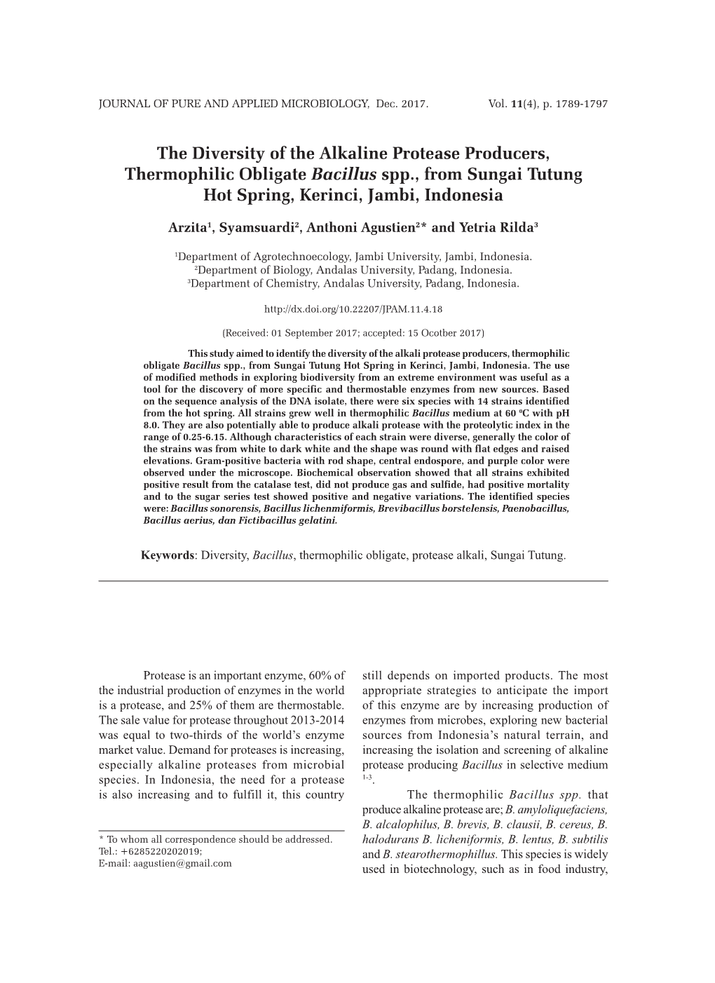 The Diversity of the Alkaline Protease Producers, Thermophilic Obligate Bacillus Spp., from Sungai Tutung Hot Spring, Kerinci, Jambi, Indonesia