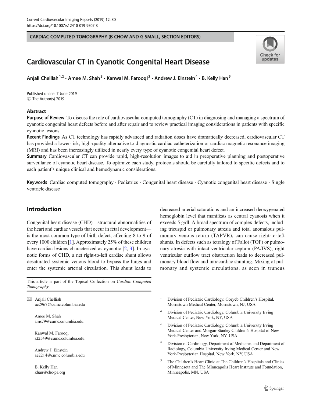 Cardiovascular CT in Cyanotic Congenital Heart Disease