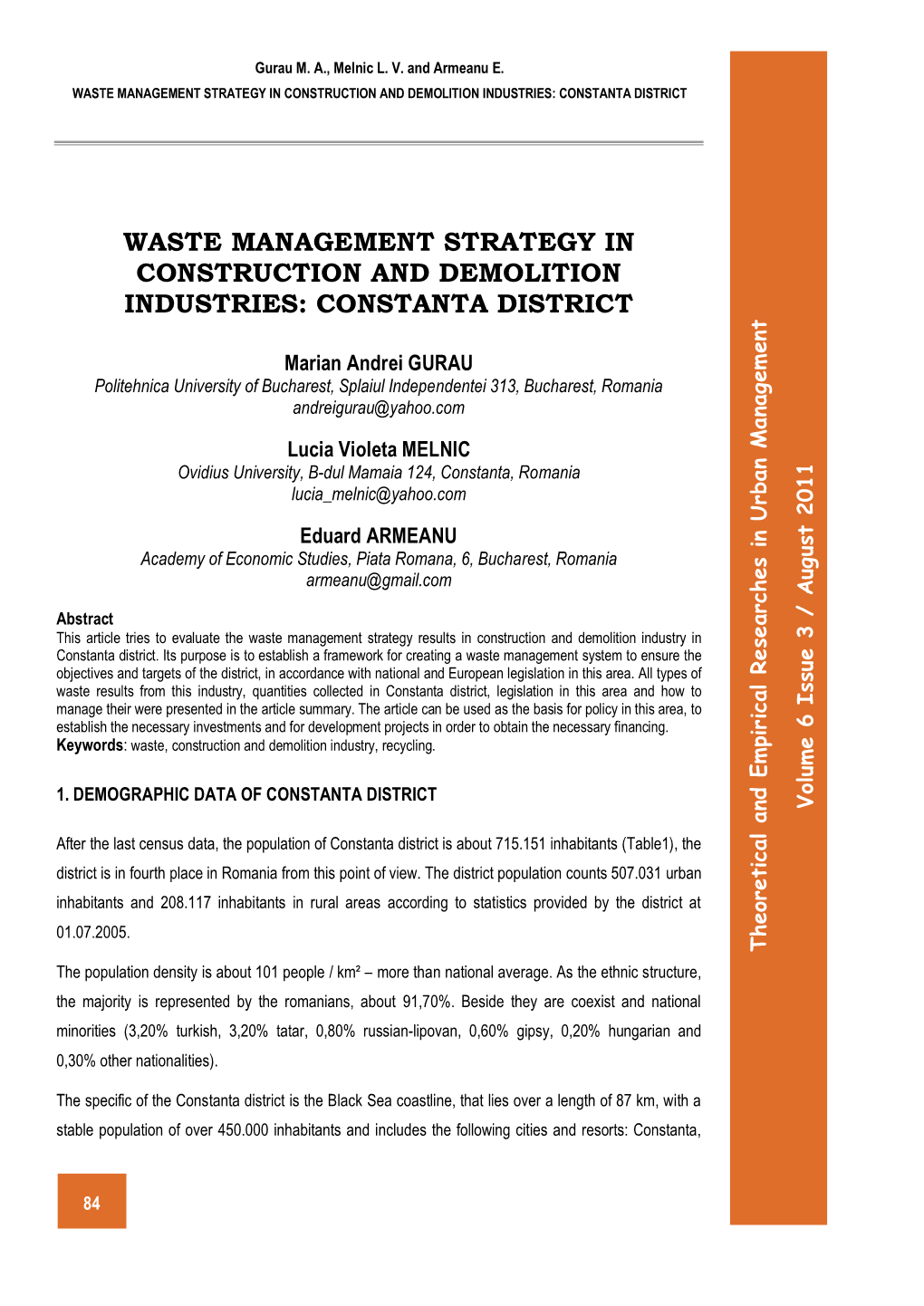 Waste Management Strategy in Construction and Demolition Industries: Constanta District