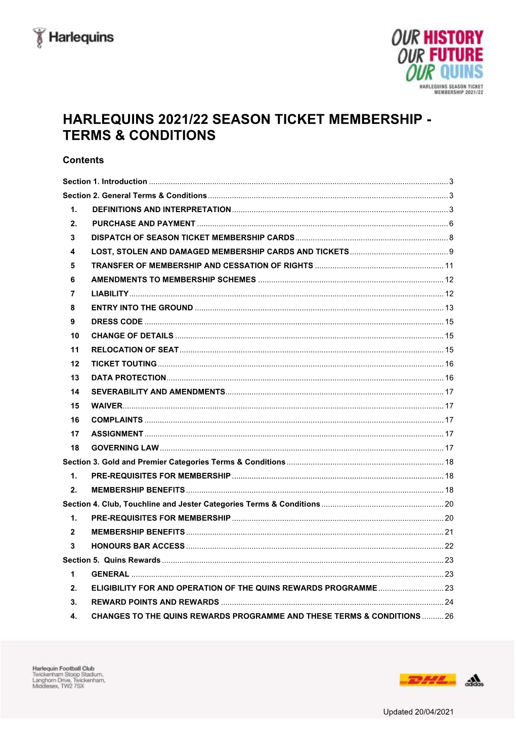 Harlequins 2021/22 Season Ticket Membership - Terms & Conditions