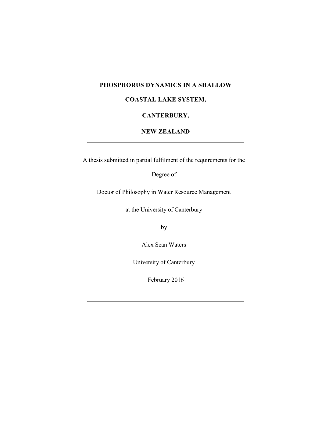 Phosphorus Dynamics in a Shallow Coastal Lake