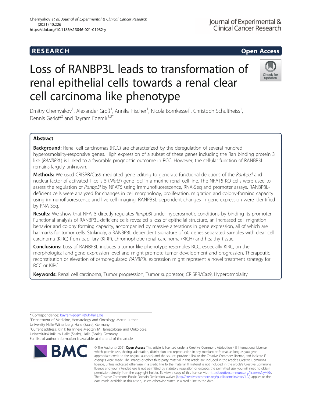 Loss of RANBP3L Leads to Transformation of Renal Epithelial