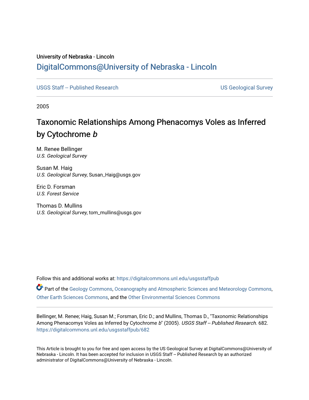 Taxonomic Relationships Among Phenacomys Voles As Inferred by Cytochrome B