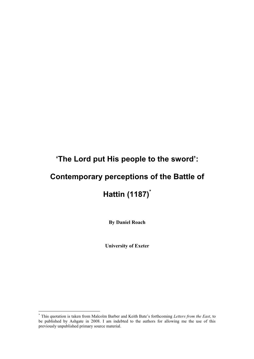 Contemporary Perceptions of the Battle of Hattin (1187)