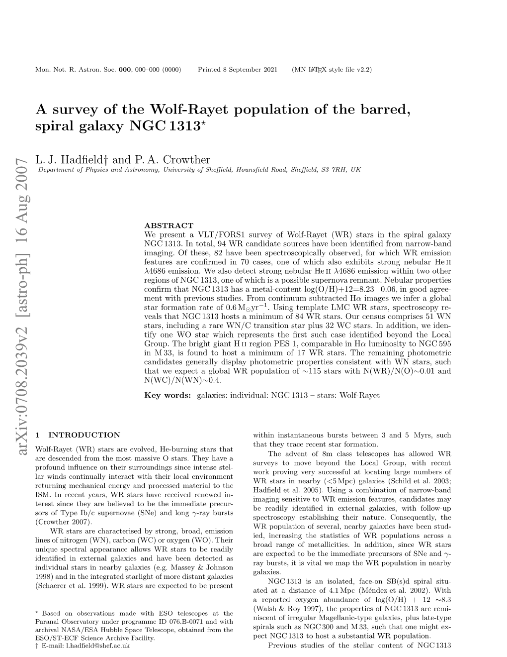 A Survey of the Wolf-Rayet Population of the Barred, Spiral Galaxy NGC 1313