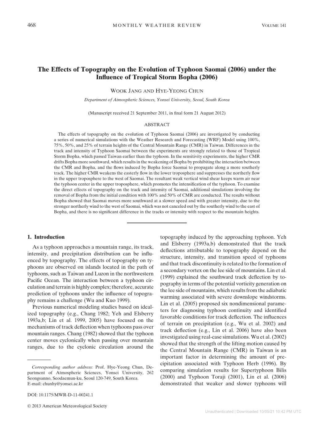 The Effects of Topography on the Evolution of Typhoon Saomai (2006) Under the Inﬂuence of Tropical Storm Bopha (2006)