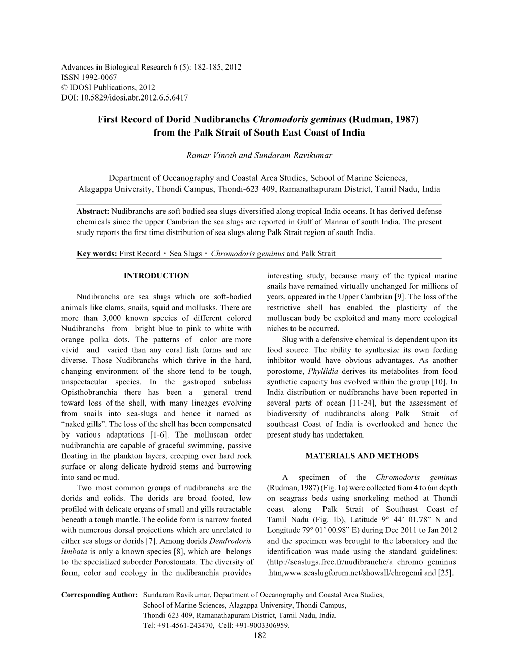 First Record of Dorid Nudibranchs Chromodoris Geminus (Rudman, 1987) from the Palk Strait of South East Coast of India