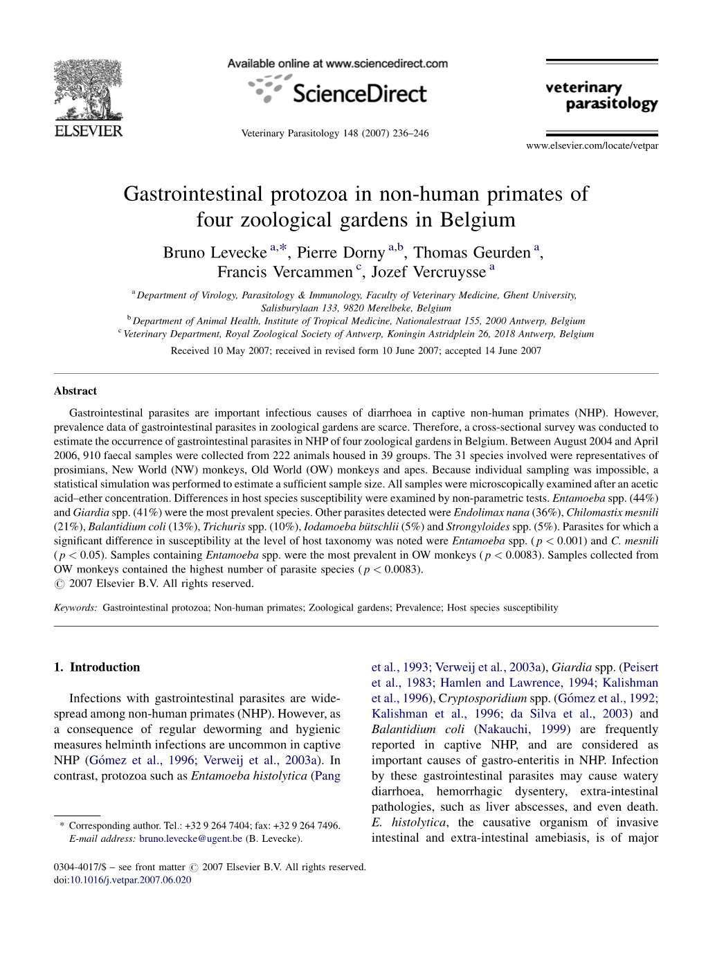 Gastrointestinal Protozoa in Non-Human Primates of Four