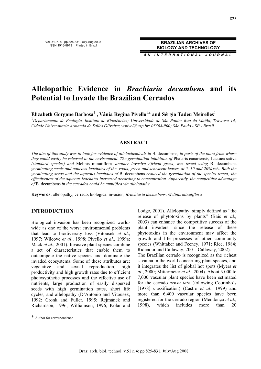 Allelopathic Evidence in Brachiaria Decumbens and Its Potential to Invade the Brazilian Cerrados