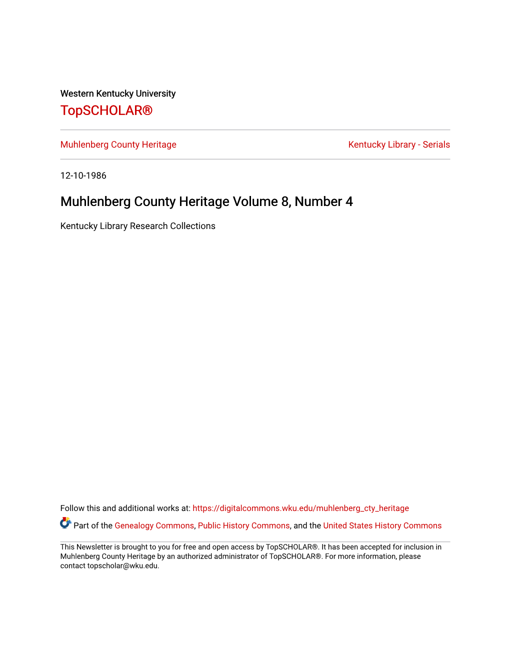 Muhlenberg County Heritage Volume 8, Number 4