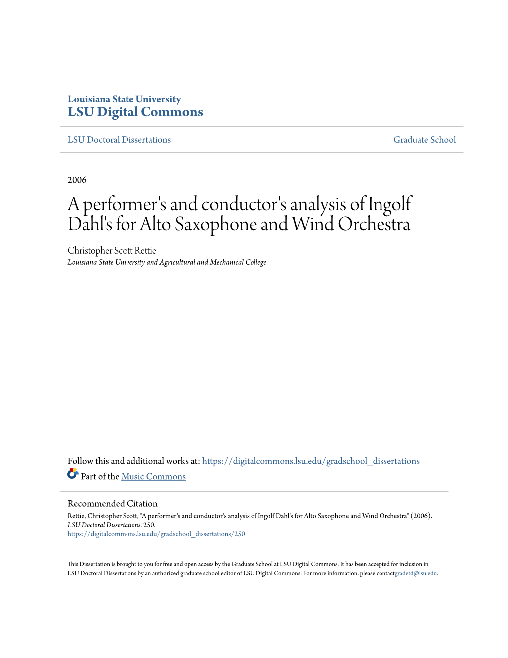 A Performer's and Conductor's Analysis of Ingolf Dahl's for Alto Saxophone and Wind Orchestra