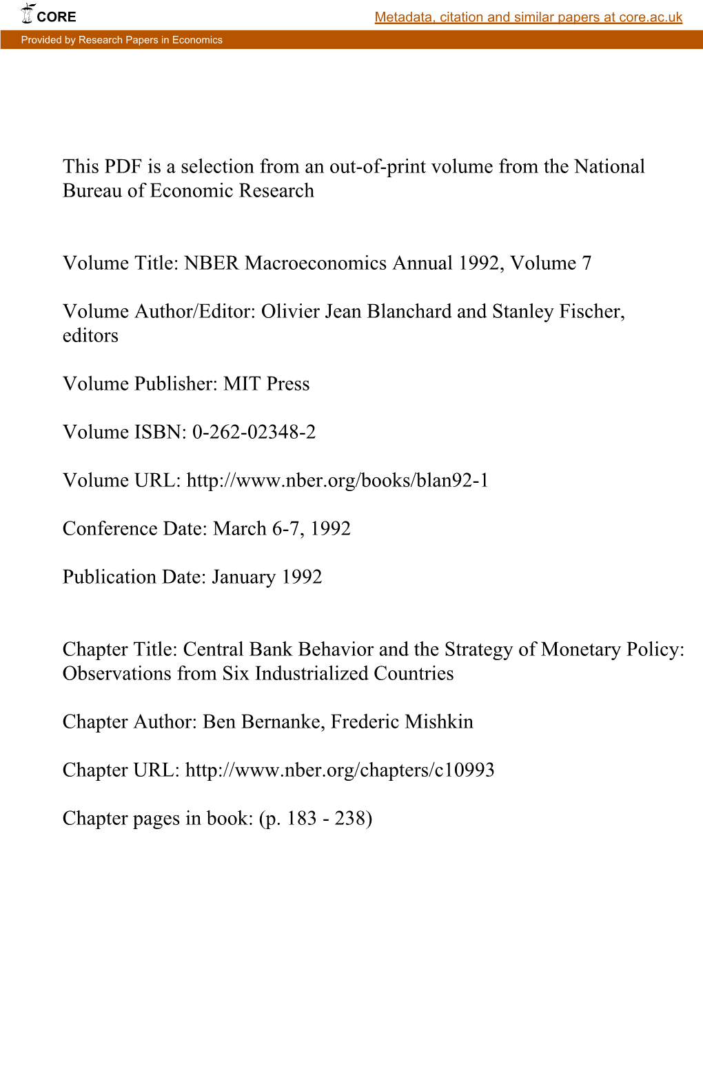 Central Bank Behavior and the Strategy of Monetary Policy: Observations from Six Industrialized Countries