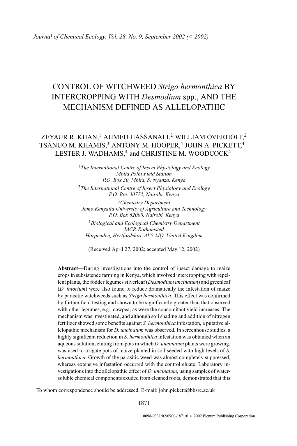 WITCHWEED Striga Hermonthica Control by INTERCROPPING WITH