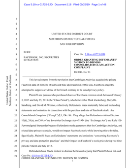 In Re Facebook, Inc. Securities Litigation 18-CV-01725-Order Granting Defendants' Motion to Dismiss Consolidated Class Actio