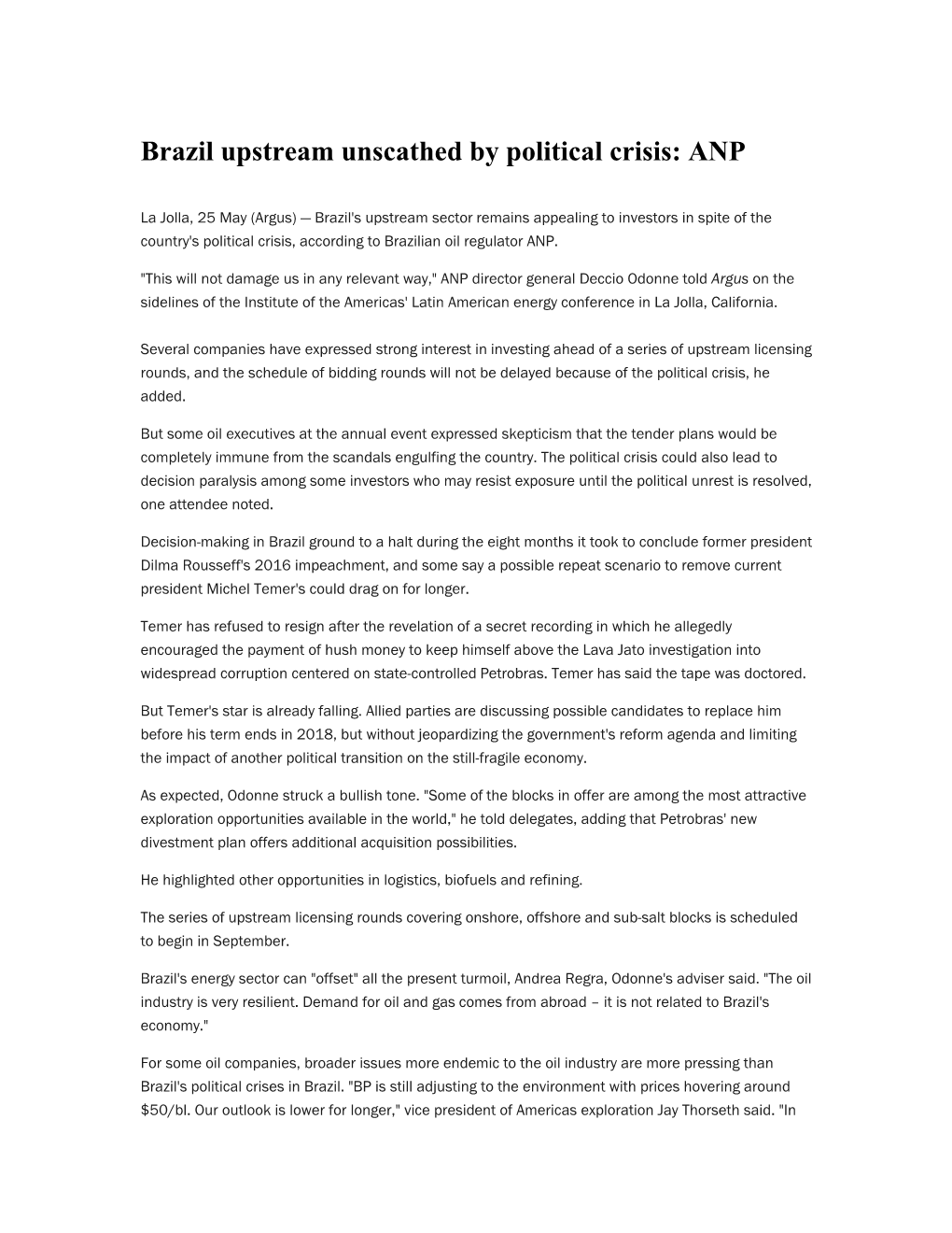 Brazil Upstream Unscathed by Political Crisis: ANP