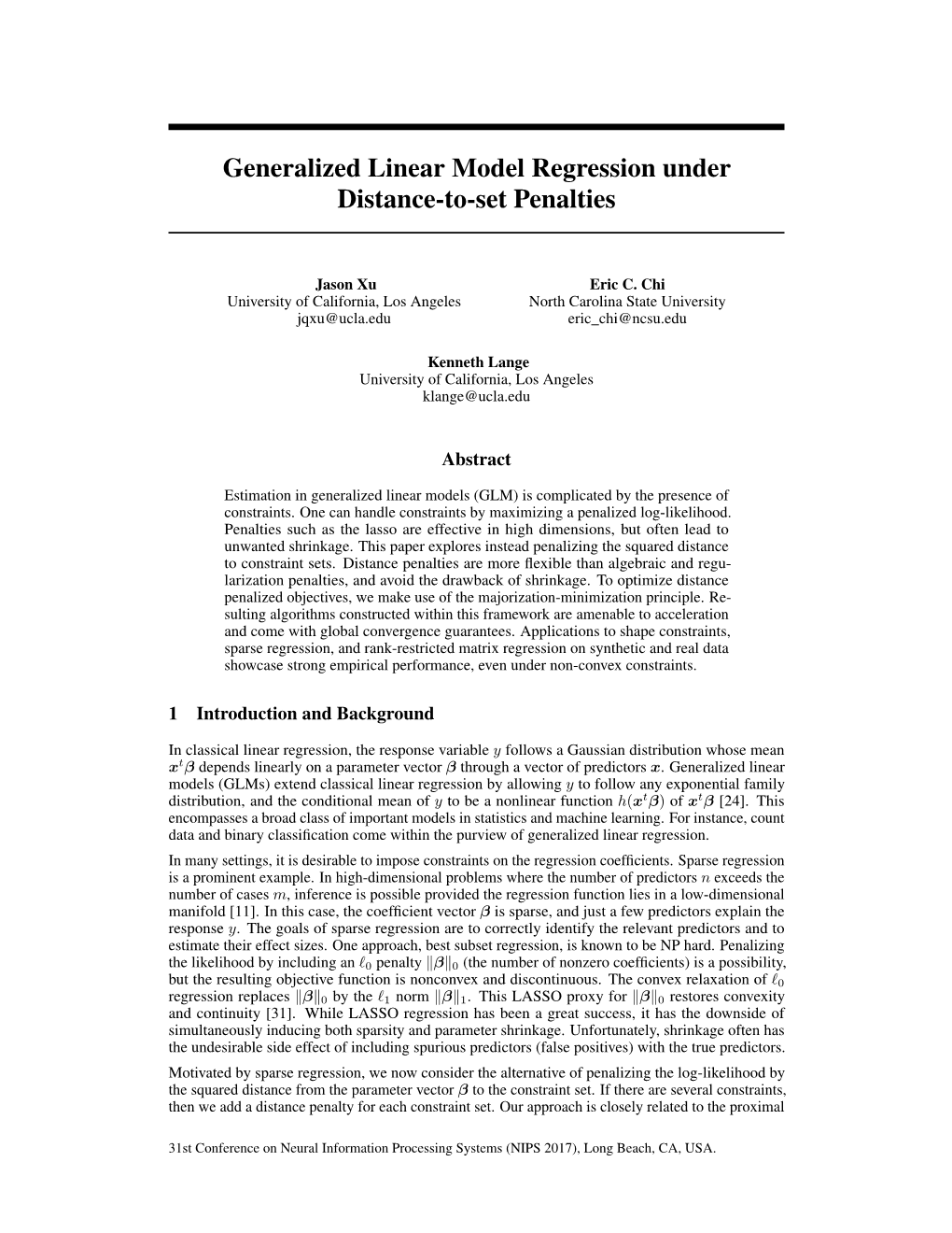 Generalized Linear Model Regression Under Distance-To-Set Penalties