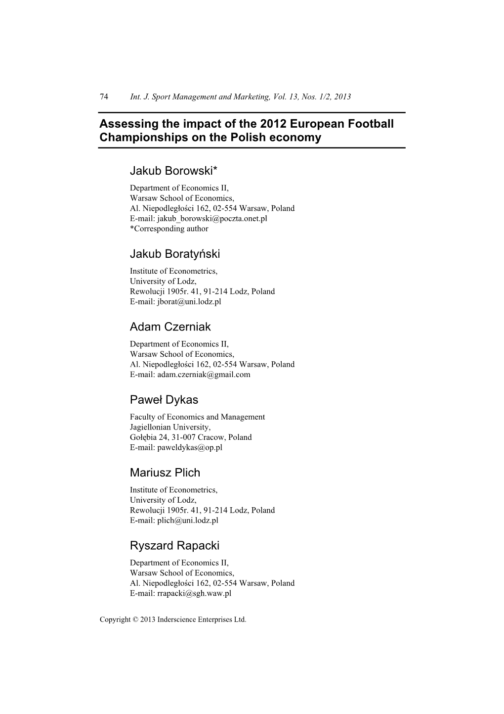 Assessing the Impact of the 2012 European Football Championships on the Polish Economy