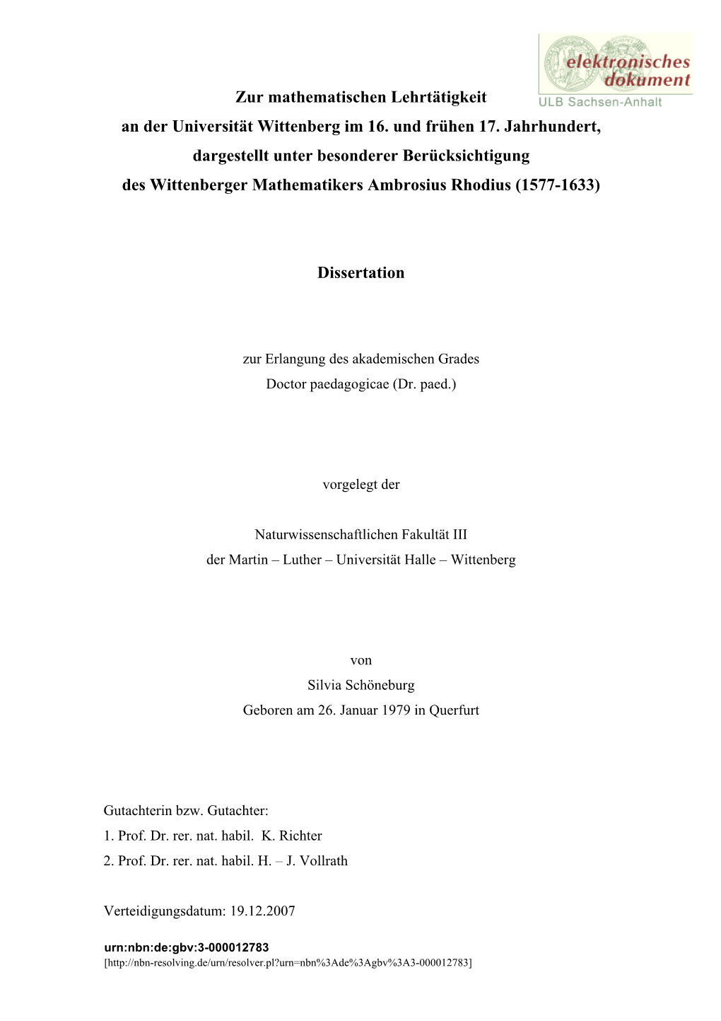 Zur Mathematischen Lehrtätigkeit an Der Universität Wittenberg Im 16