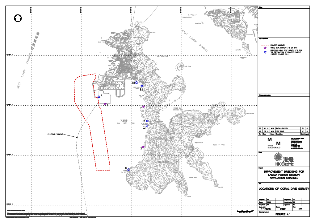 Lamma Island 1:15000 P2 Pre a B1 C1 D Locations of Coral Dive Survey Figure 4.1 B2 C2 1 2 3 Improvement Dredging for Lamm