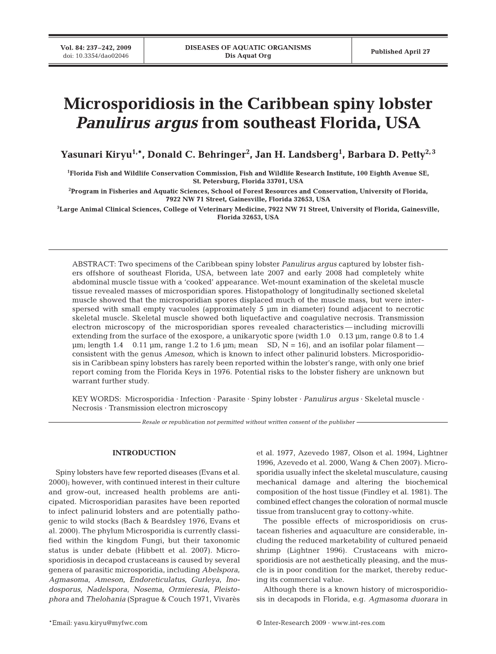Microsporidiosis in the Caribbean Spiny Lobster Panulirus Argus from Southeast Florida, USA