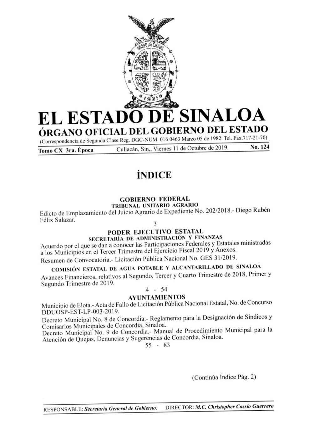EL ESTADO DE SINALOA ÓRGANO OFICIAL DEL GOBIERNO DEL ESTADO (Correspondencia De Segunda Clase Reg