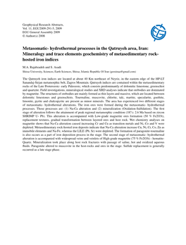 Metasomatic- Hydrothermal Processes in the Qatruyeh Area, Iran: Mineralogy and Trace Elements Geochemistry of Metasedimentary Rock- Hosted Iron Indices