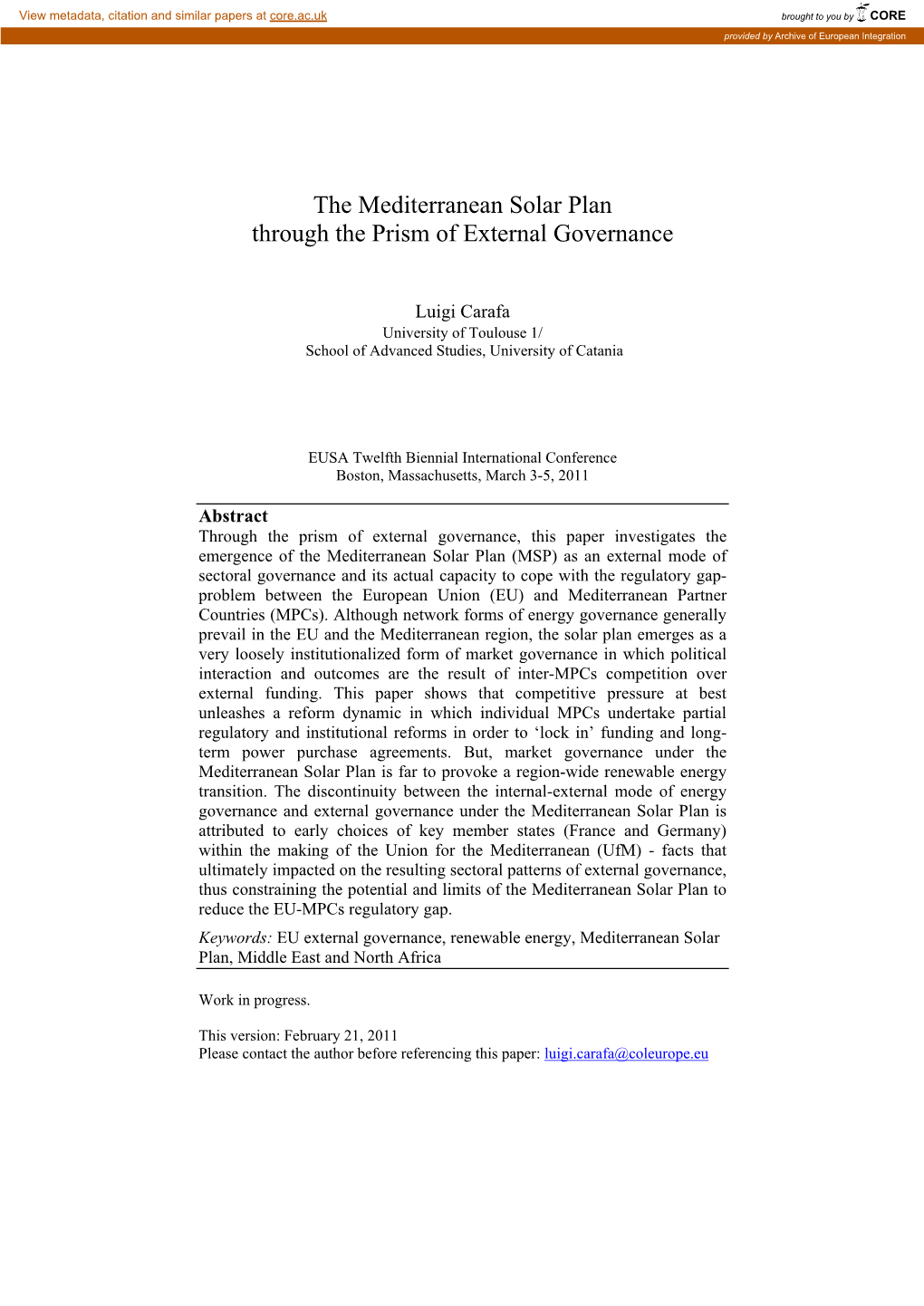 The Mediterranean Solar Plan Through the Prism of External Governance