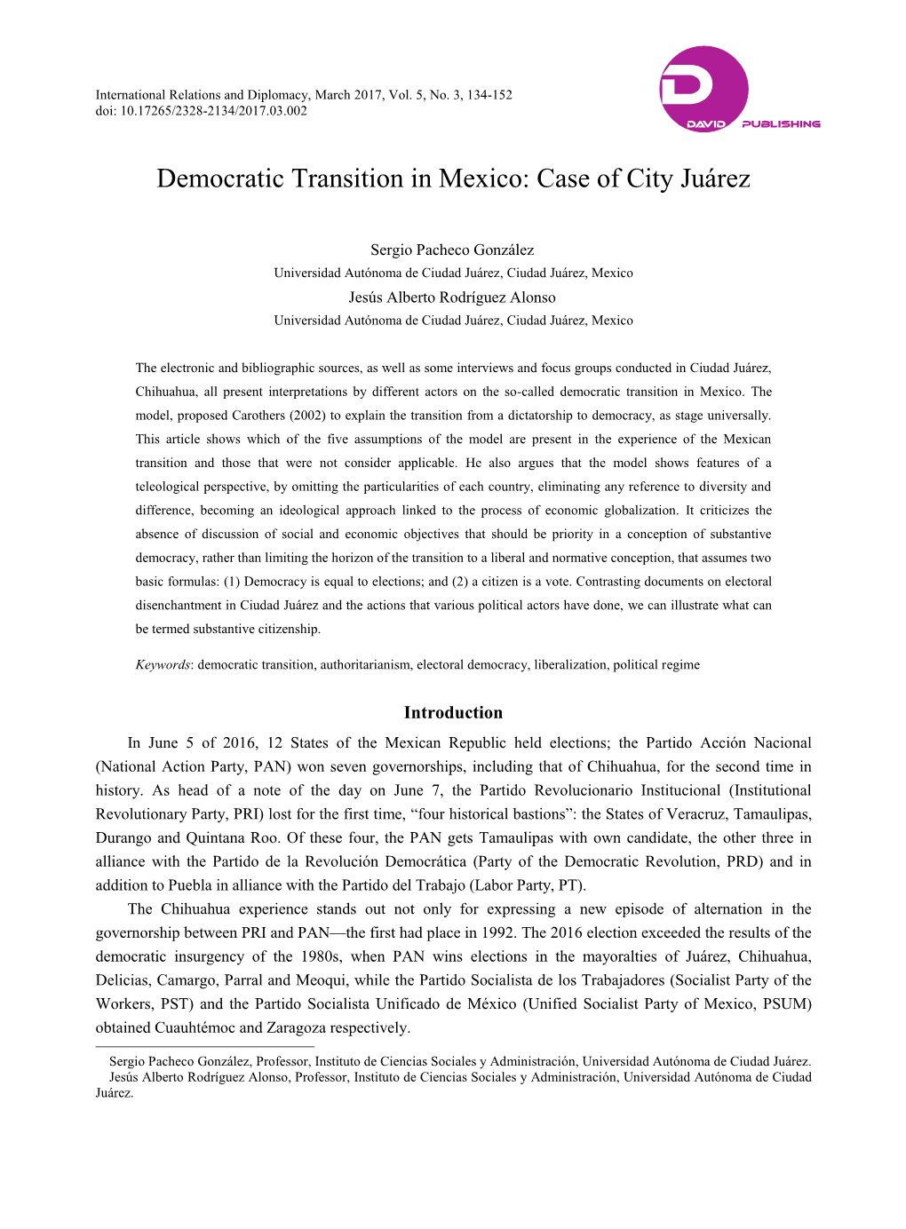 Democratic Transition in Mexico: Case of City Juárez