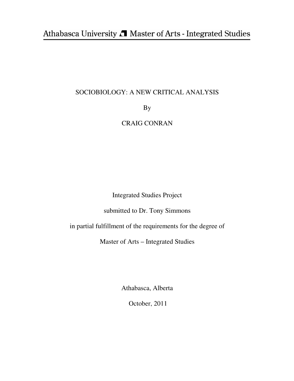 SOCIOBIOLOGY: a NEW CRITICAL ANALYSIS by CRAIG CONRAN