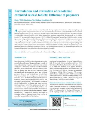 Formulation and Evaluation of Ranolazine Extended Release Tablets: Influence of Polymers