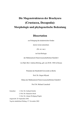 Die Magenstrukturen Der Brachyura (Crustacea, Decapoda): Morphologie Und Phylogenetische Bedeutung