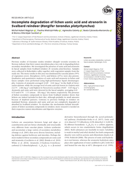 Rangifer Tarandus Platyrhynchus) Michał Hubert We˛Grzyn 1, Paulina Wietrzyk-Pełka 1, Agnieszka Galanty 2, Beata Cykowska-Marzencka 3 & Monica Alterskjær Sundset 4