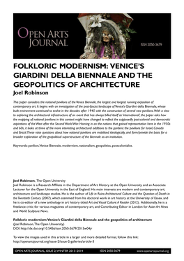 Folkloric Modernism: Venice's Giardini Della Biennale And