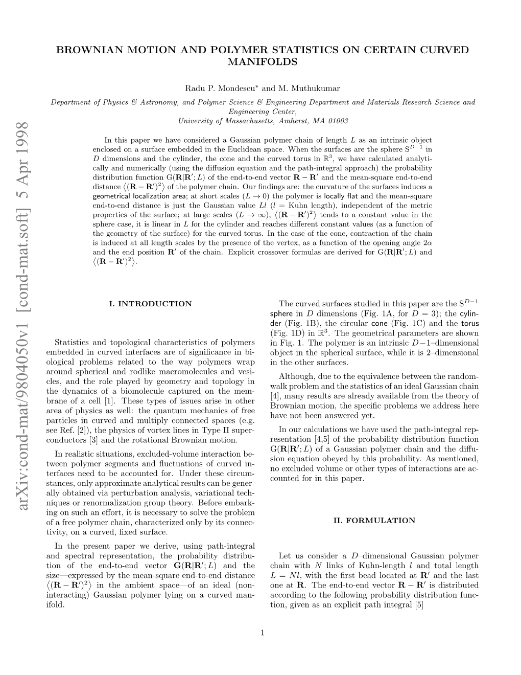 Arxiv:Cond-Mat/9804050V1 [Cond-Mat.Soft] 5 Apr 1998 Ino H N-Oedvector End-To-End Distribu- the Probability the of Representation, Tion Spectral and Surface