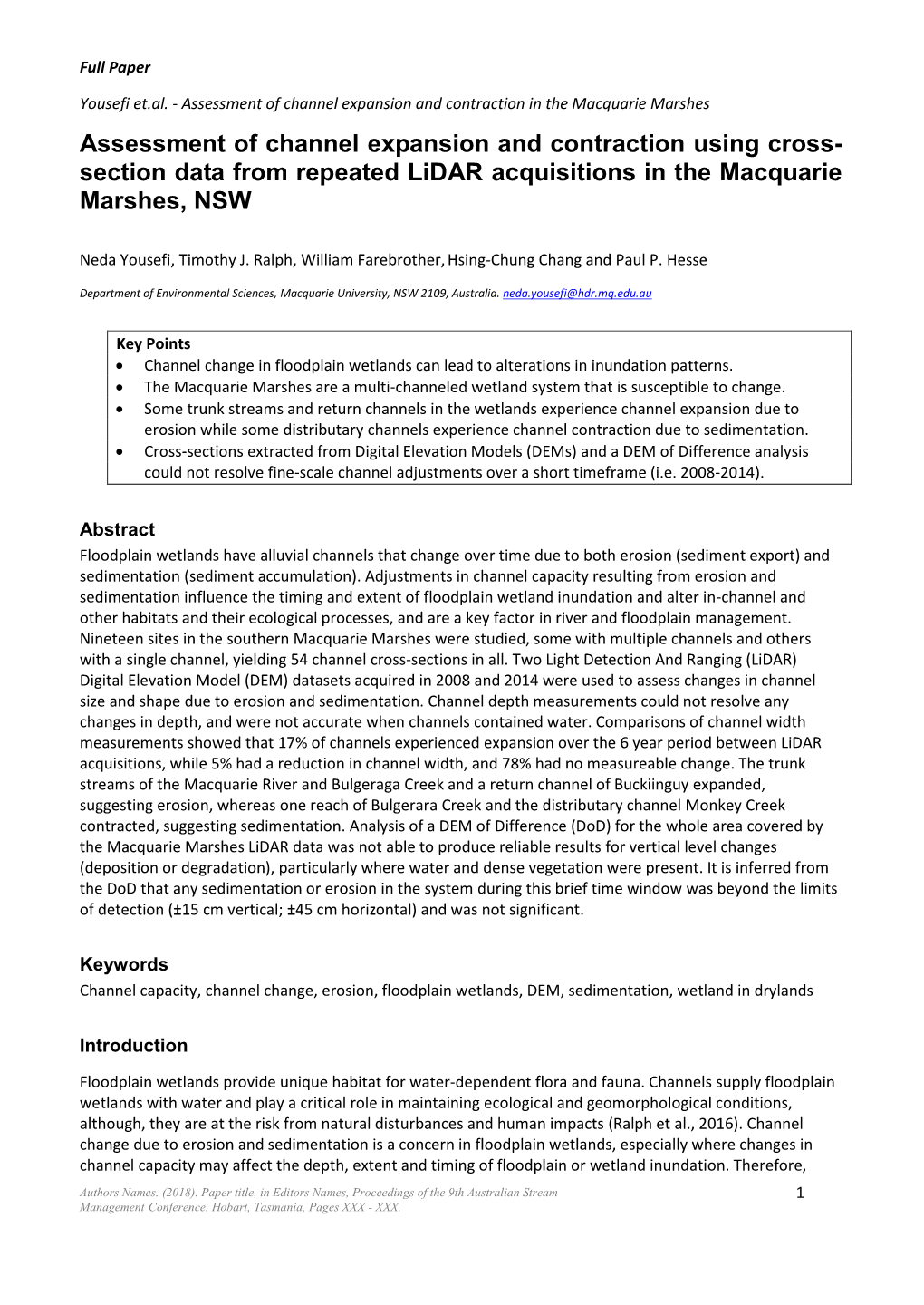 Assessment of Channel Expansion and Contraction Using Cross- Section Data from Repeated Lidar Acquisitions in the Macquarie Marshes, NSW