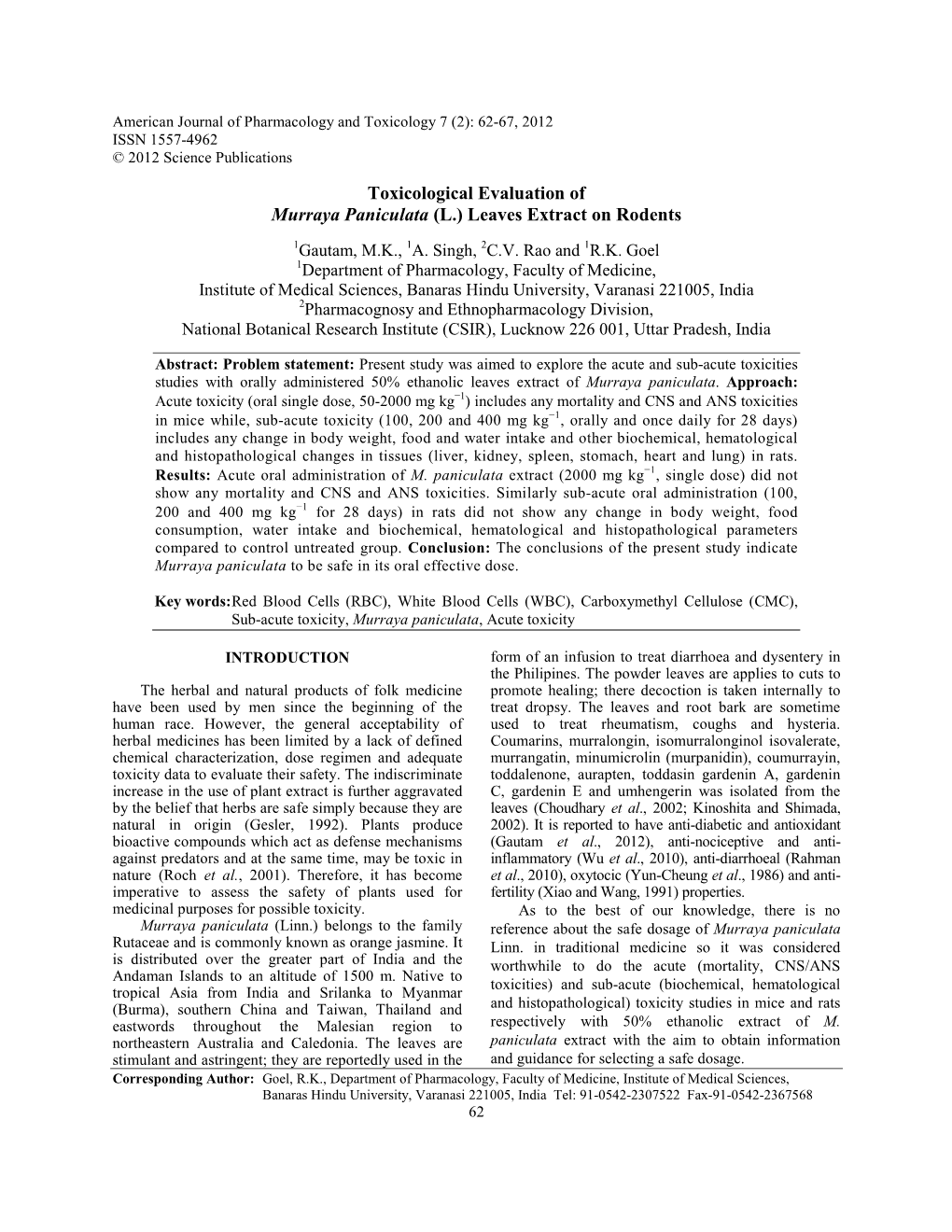 Toxicological Evaluation of Murraya Paniculata (L.) Leaves Extract on Rodents