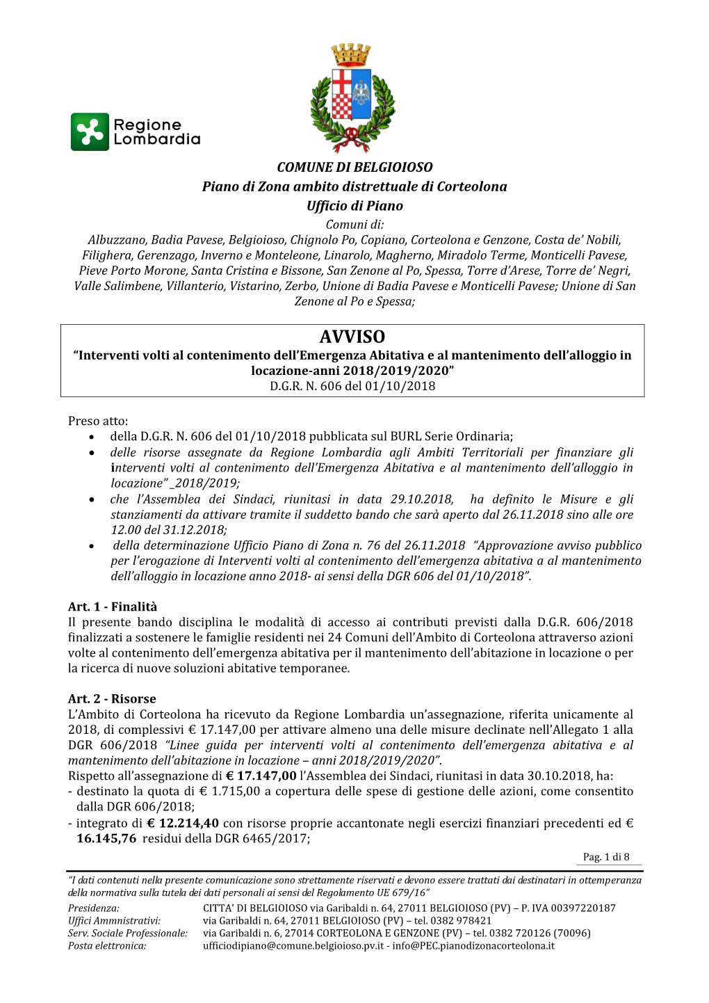 AVVISO “Interventi Volti Al Contenimento Dell’Emergenza Abitativa E Al Mantenimento Dell’Alloggio in Locazione-Anni 2018/2019/2020” D.G.R