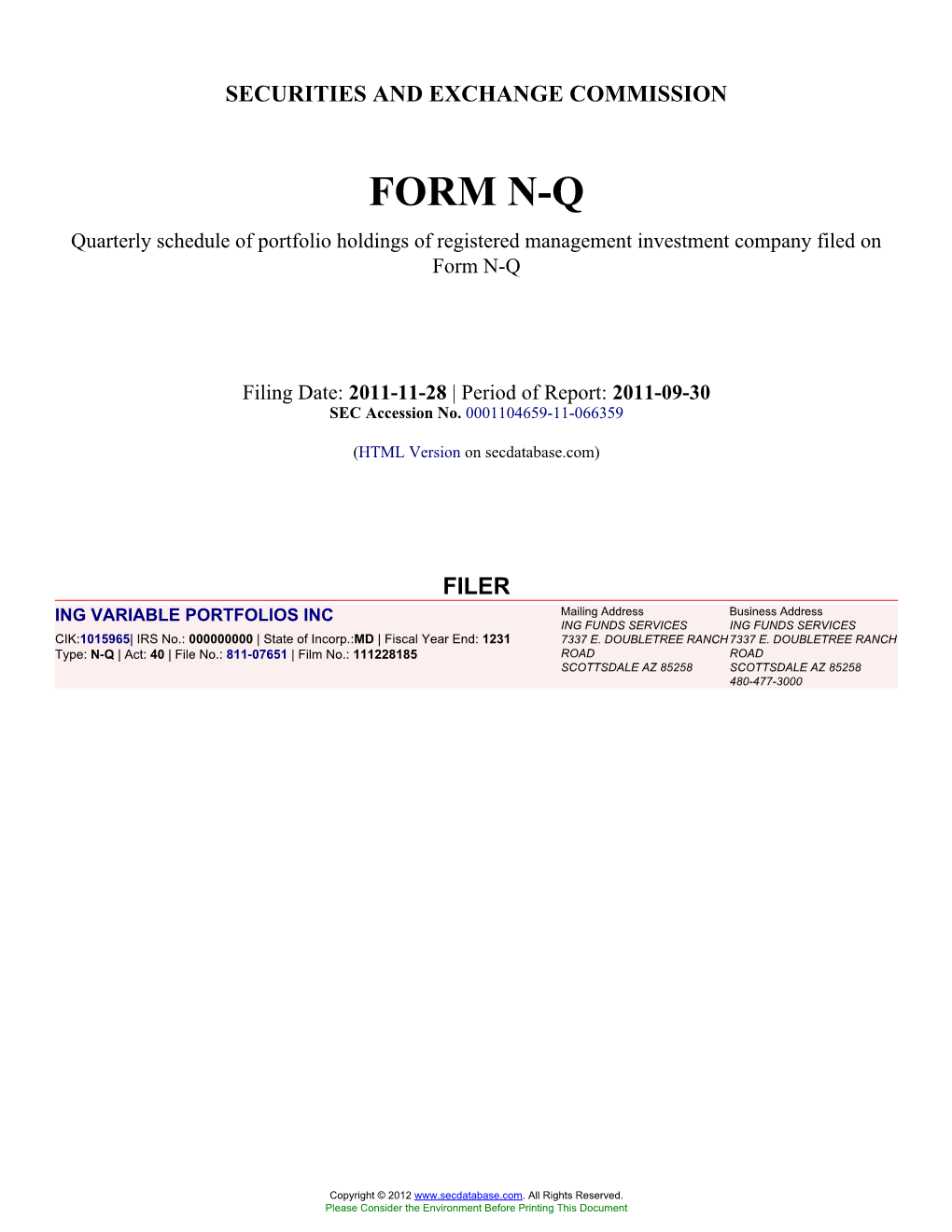 Form: NQ, Filing Date: 11/28/2011