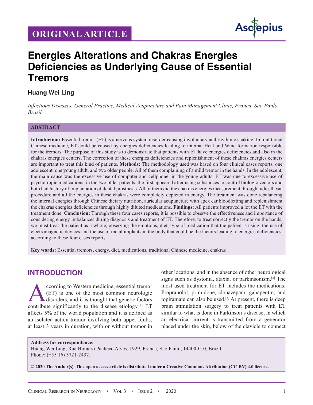 Energies Alterations and Chakras Energies Deficiencies As Underlying Cause of Essential Tremors Huang Wei Ling