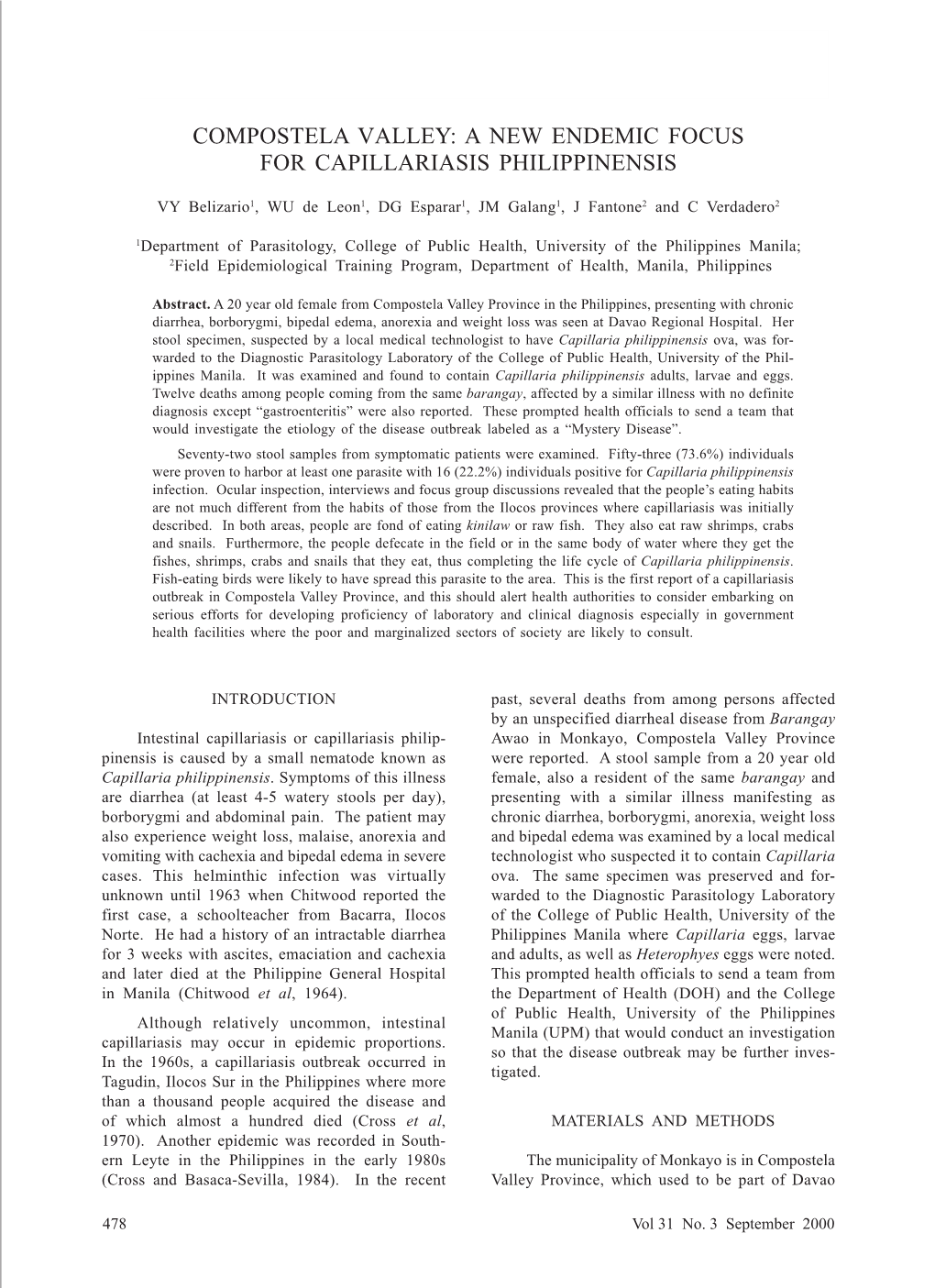 Compostela Valley: a New Endemic Focus for Capillariasis Philippinensis