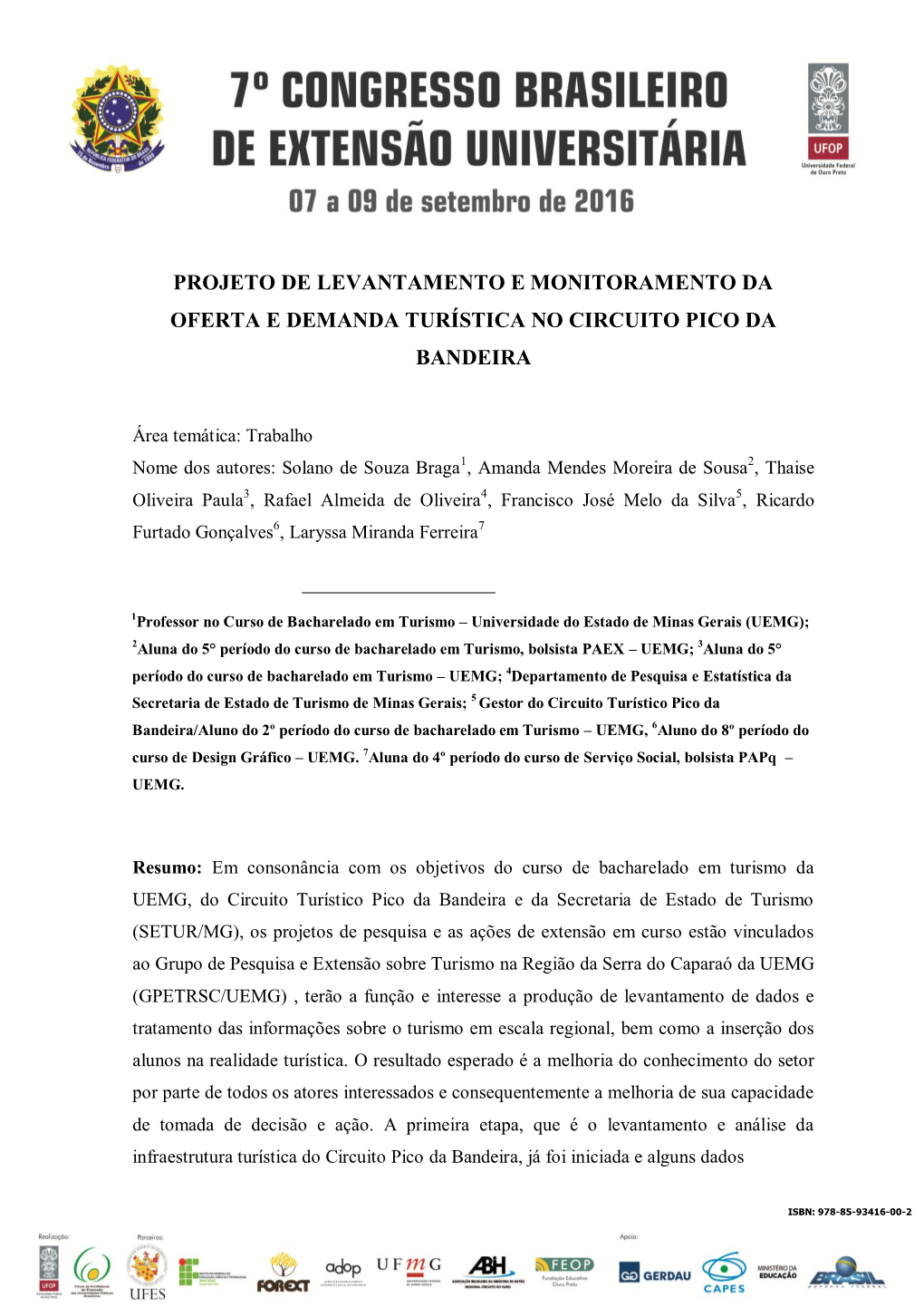 Projeto De Levantamento E Monitoramento Da Oferta E Demanda Turística No Circuito Pico Da Bandeira