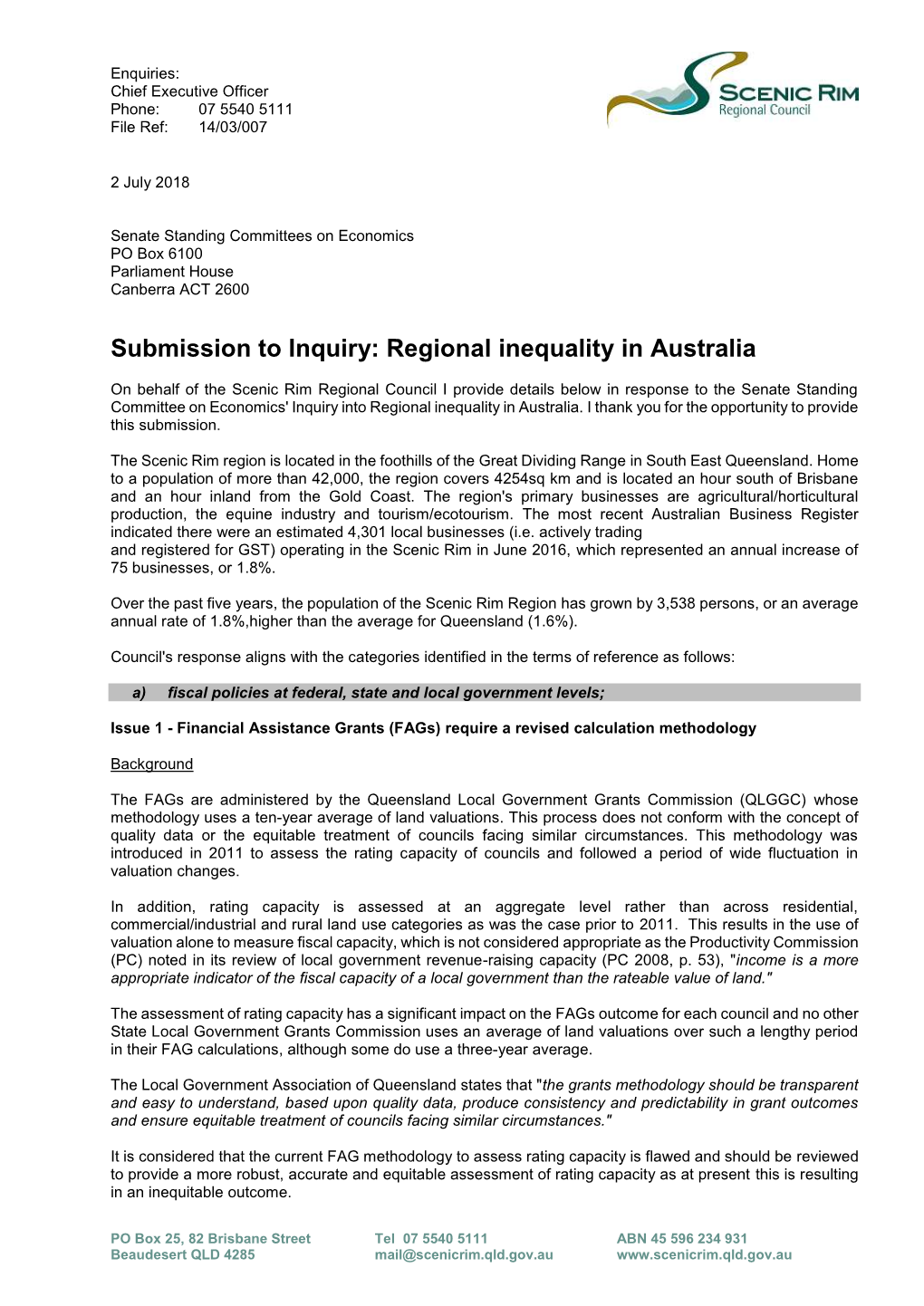 Submission to Inquiry: Regional Inequality in Australia
