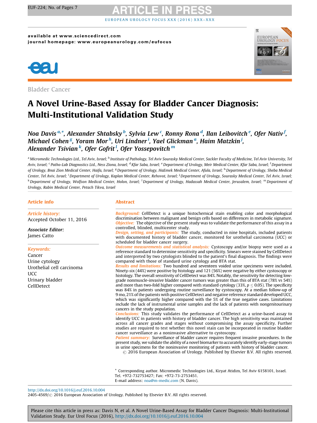 A Novel Urine-Based Assay for Bladder Cancer Diagnosis: Multi-Institutional