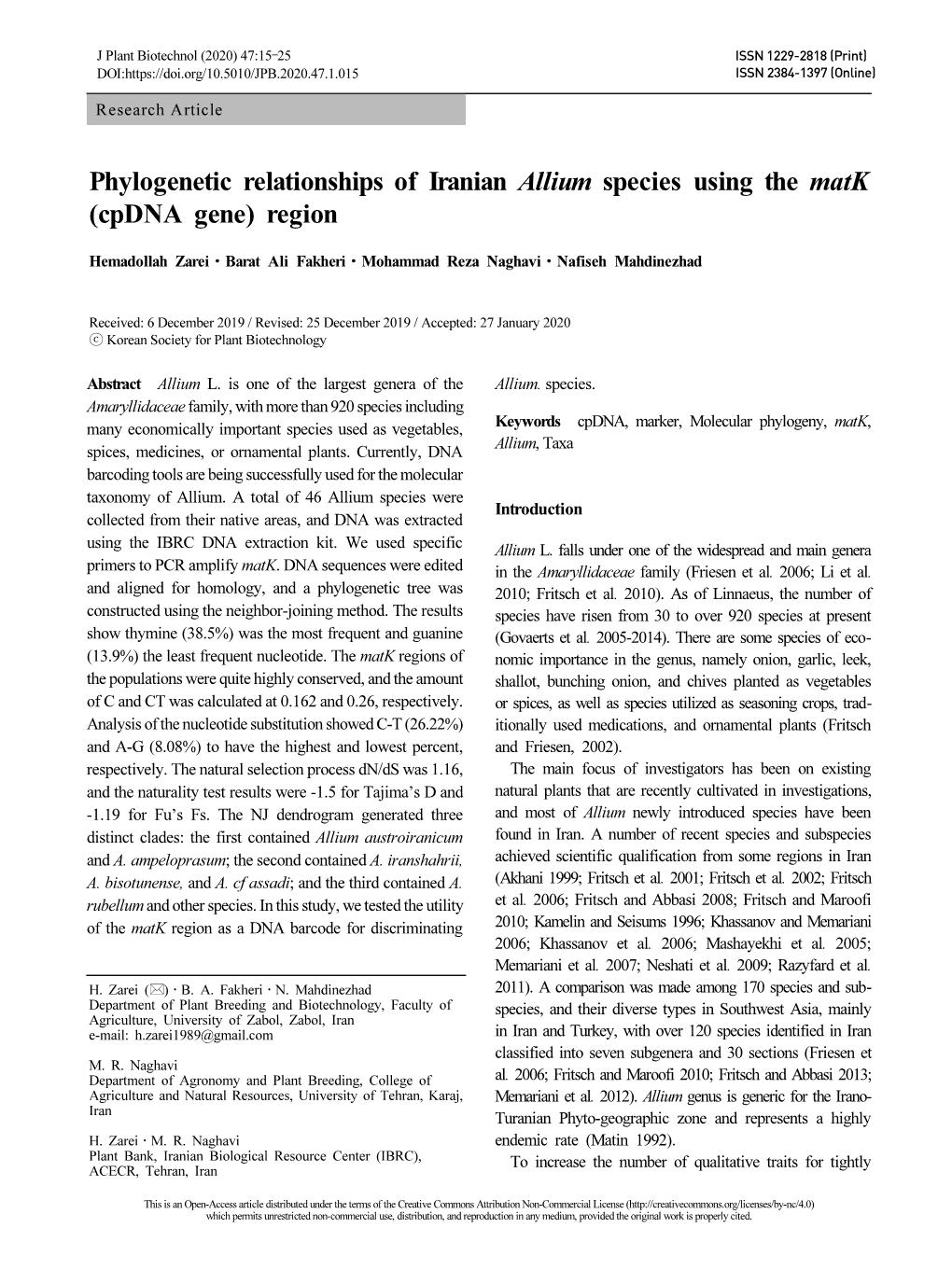 Phylogenetic Relationships of Iranian Allium Species Using the Matk (Cpdna Gene) Region