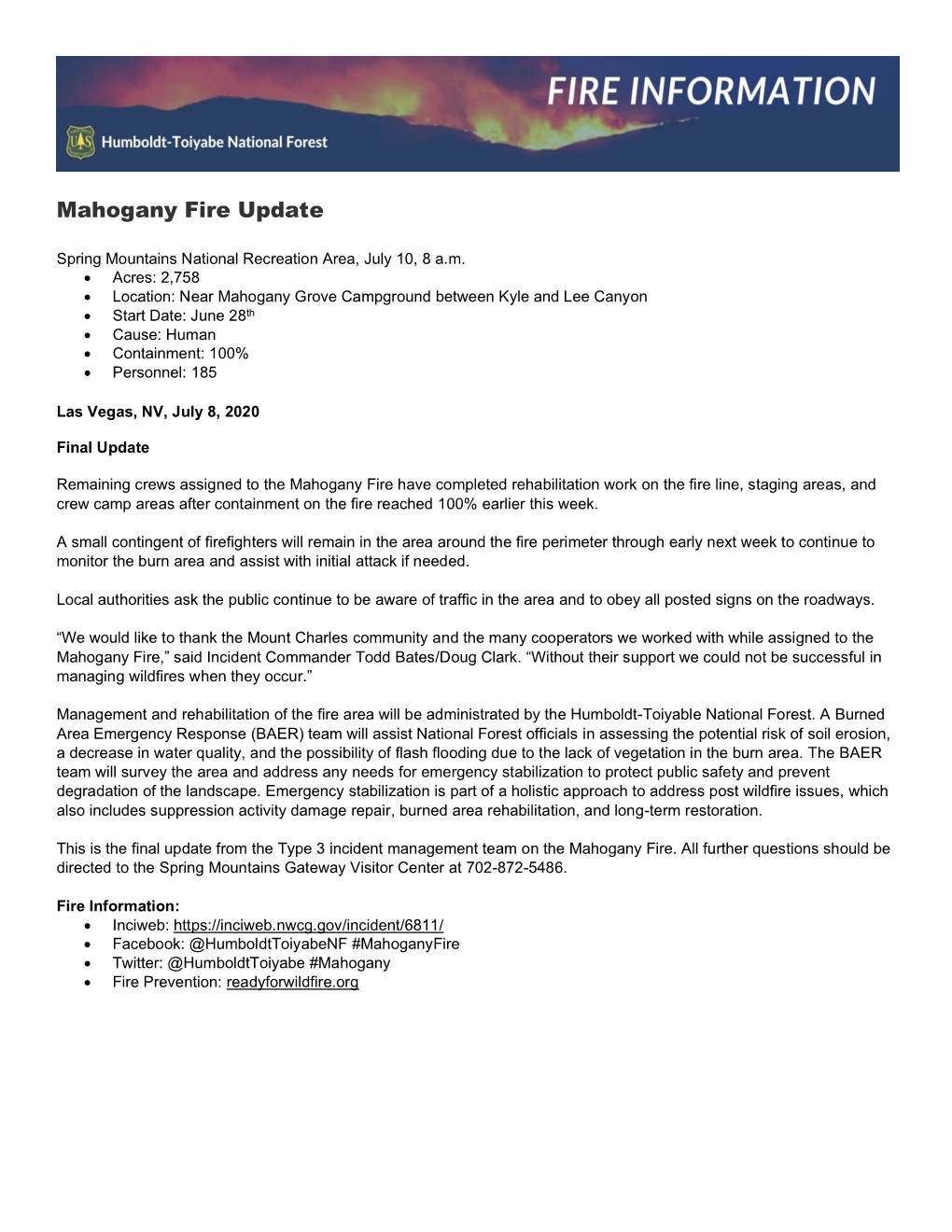 Mahogany Fire Update