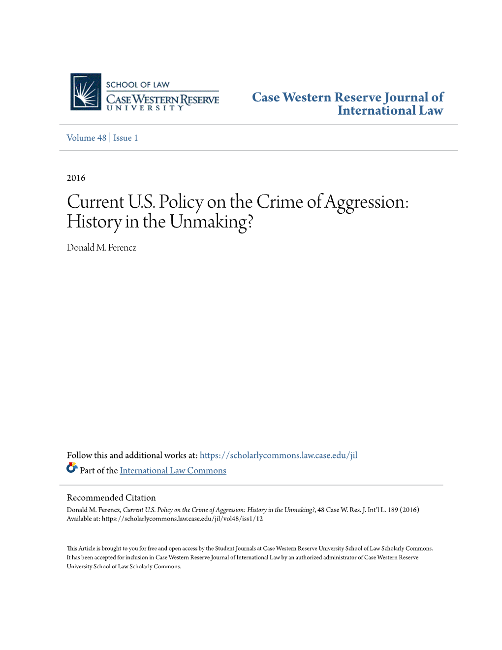 Current US Policy on the Crime of Aggression