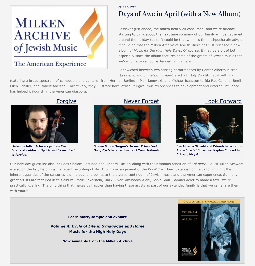 Newsroom - Milken Archive of Jewish Music - Days of Awe in April (With a New Album)