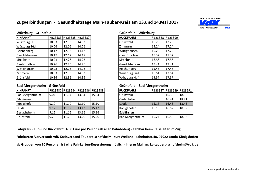 Zugverbindungen - Gesundheitstage Main-Tauber-Kreis Am 13.Und 14.Mai 2017